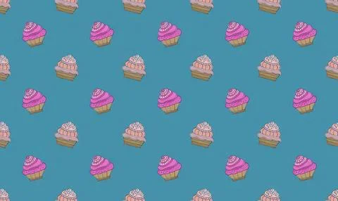 Cute cupcake pattern with pink and white frosting on blue background Иллюстрация