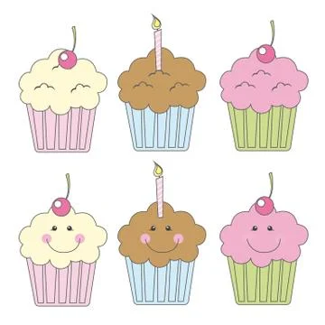 Cute cupcakes with smiling face over white background. vector Stock Illustration