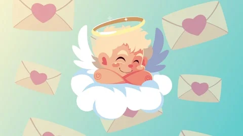 Cute cupid angel character floating on cloud with falling love letters anim.. Stock Footage 334263111