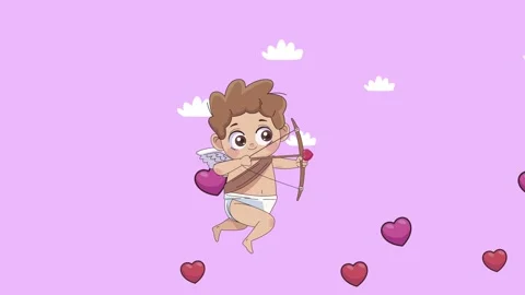 Cute cupid motion graphic animation with hearts and clouds flying around on.. Stock Footage 334540291