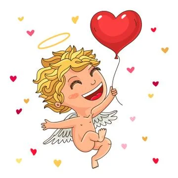 Cute cupid with a red balloon 스톡 일러스트