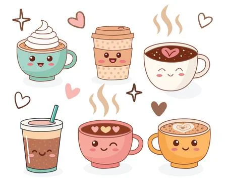 Cute cups of coffee set sticker kawaii icon Stock Illustration