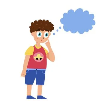Cute curious boy is thinking. Little kid surprised with speech bubble isolated Stock Illustration