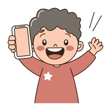 Cute Curly Haired Kid Boy Character Holding Gadget Handphone with Happy Exp.. Stock Illustration