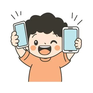 Cute Curly Haired Kid Boy Character Holding Gadget Handphone with Happy Exp.. Stock Illustration