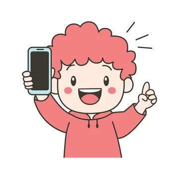 Cute Curly Haired Kid Boy Character Holding Gadget Handphone with Happy Exp.. Stock Illustration