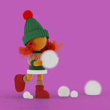 Cute curly red haired poppet girl playing snowballs on a lilac field Stock Illustration