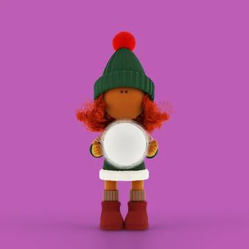 Cute curly red-haired rag doll girl carries a snowball. Violet background Stock Illustration