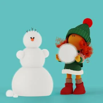 Cute curly red-haired rag doll girl sculpts snowman, sky blue Stock Illustration
