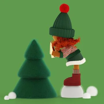 Cute curly red haired rag doll decorates the Christmas tree with a golden spi Stock Illustration