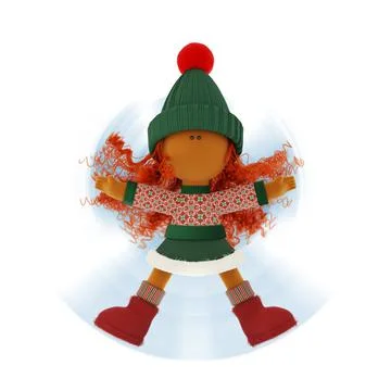 Cute curly red haired rag doll makes a snow angel Stock Illustration