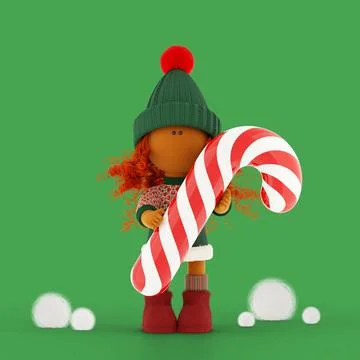Cute curly red-haired rag doll gives big Christmas red and white candy cane,  Stock Illustration