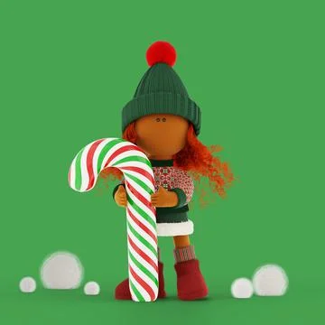 Cute curly red-haired rag doll with a big Christmas red green white candy can Stock Illustration