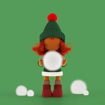 Cute curly red-haired rag doll girl carries a snowball, green Stock Illustration