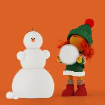 Cute curly red-haired rag doll girl sculpts snowman, orange Stock Illustration