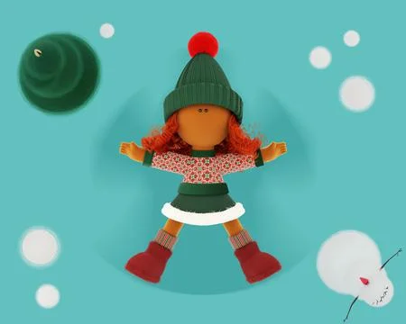 Cute curly red haired rag doll like a snow angel Stock Illustration
