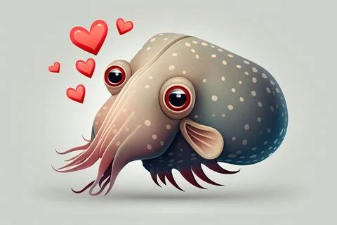 Cute  Cuttlefish, isolated on a background with red hearts Stock Illustration