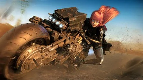 A cute cyborg girl rushes through the desert at maximum speed on her combat b Illustration