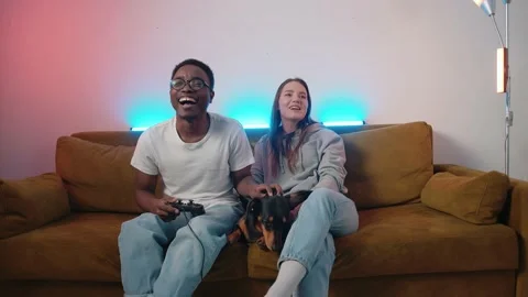 A cute dachshund is lying on a couch between a mixed young couple who are Stock Footage 173416716