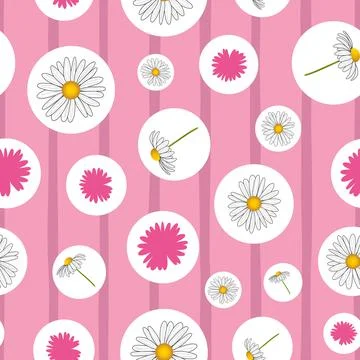 Cute daisy flower seamless pattern on pink stripes background and white circl Stock Illustration