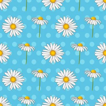 Cute Daisy flowers vector seamless pattern on blue polka dots background Stock Illustration