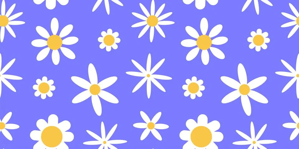Cute daisy pattern, spring flowers. Summer floral chamomile print, white and Stock Illustration