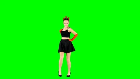 Cute Dancer in Devil Halloween Costume on Green Screen Stock Footage 101439222