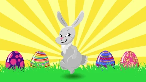 Cute dancing bunny rabbit and bouncing eggs. Happy holiday Easter Stock Footage 87291342