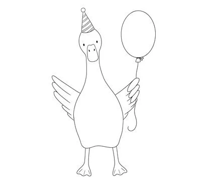 Cute dancing goose with party cap and balloon, childish line art, hand drawn  Stock Illustration