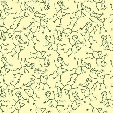 Cute dancing mice, seamless background. Monochrome hand drawn illustration Stock Illustration