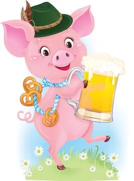 Cute dancing piglet is holding beer glass and pretzels Illustrazione stock