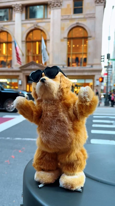 Cute dancing red fluffy toy wearing sunglasses. Toy cat in the street of modern Stock Footage 329070543