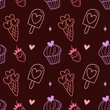 Cute Dark Dessert Seamless Pattern with Ice Cream Cones, Ice Cream Bars and Stock Illustration