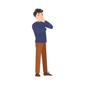 The cute dark-haired man standing in a purple sweater thinking of something or 스톡 일러스트