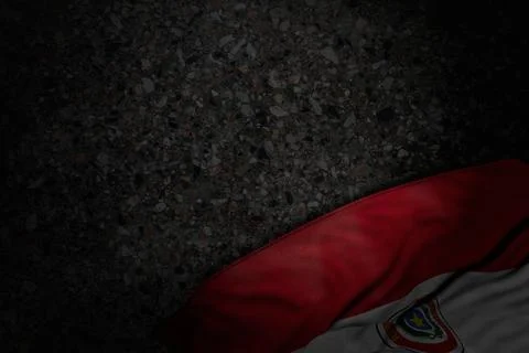 Cute dark image of Paraguay flag with big folds on dark asphalt with empty Illustrazione stock