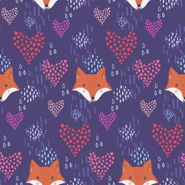 Cute dark pattern with fox heads and hearts Stock Illustration