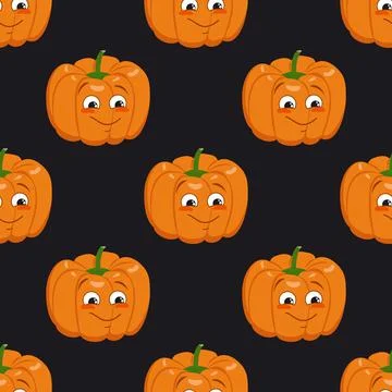 Cute dark seamless pattern with pumpkins, face and smile. Halloween party Stock Illustration