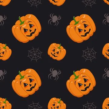 Cute dark seamless pattern with pumpkins, cobwebs and spiders. Halloween party Stock Illustration