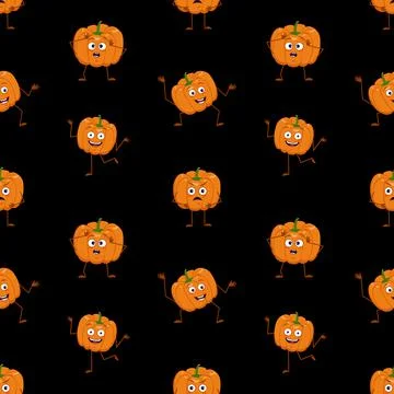Cute dark seamless pattern pumpkins with face, happy emotions, arms and legs Stock Illustration