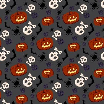 Cute dark seamless pattern with pumpkins, cobwebs and spiders. Stock Illustration