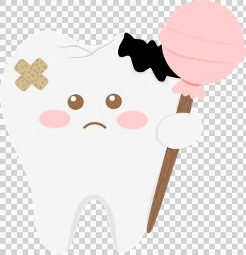 Cute decayed tooth cartoon holding lollipop funny dental illustratio Stock-Illustration
