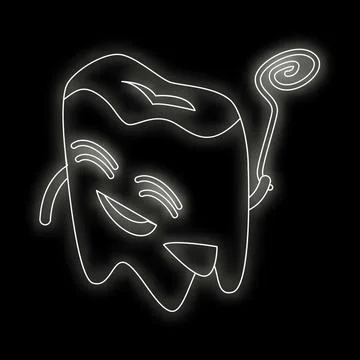 Cute decayed tooth character eating lollipop glowing neon style Stock Illustration