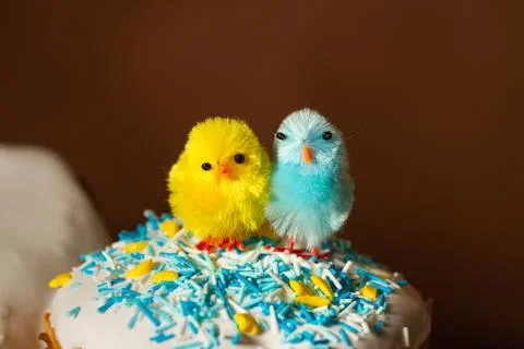 Cute decorative cips on the glaze on the Easter cake. Stock Photos