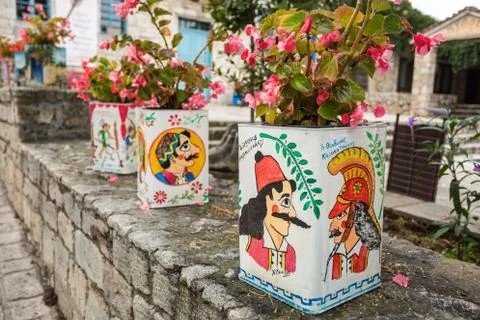 Cute decorative elements of streets decorations in Greece Stock Photos