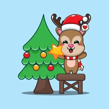 Cute deer decorating the Christmas tree on Christmas day. Cartoon vector il.. Stock Illustration