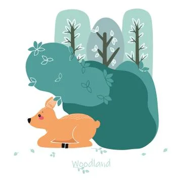 Cute deer, doe, roe deer on the background of a tree, plant, bush. Illustrati Stock Illustration