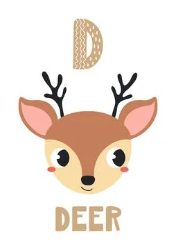 Cute deer face, letter D, text, illustration isolated Stock Illustration
