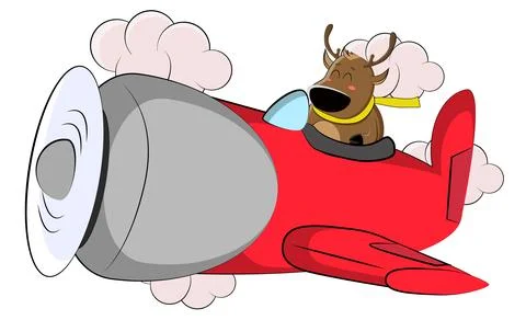 Cute deer flies on a red plane t looks at the clouds イラスト素材
