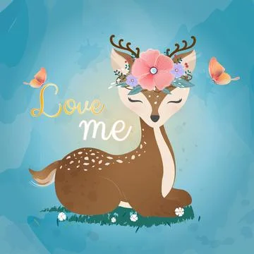 Cute Deer with flower crown. Stock Illustration