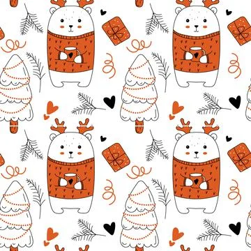Cute deer. Funny seamless vector pattern. Hand-drawn children's background fo Illustrazione stock